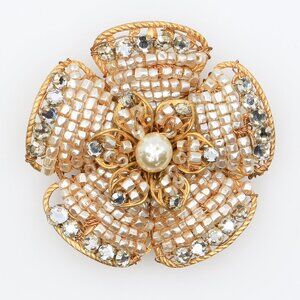 Vintage Miriam Haskell Filigree Rhinestone & Simulated Pearl Flower Brooch 1950s